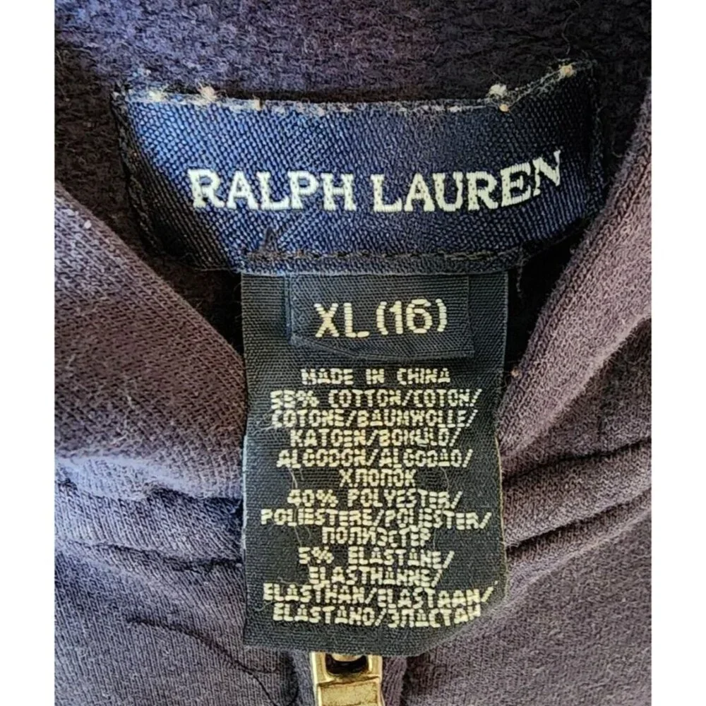 Ralph Lauren Girls Full Zip Hoodie Embroidered Big Pony‎ Logo Blue/Pink Size XL